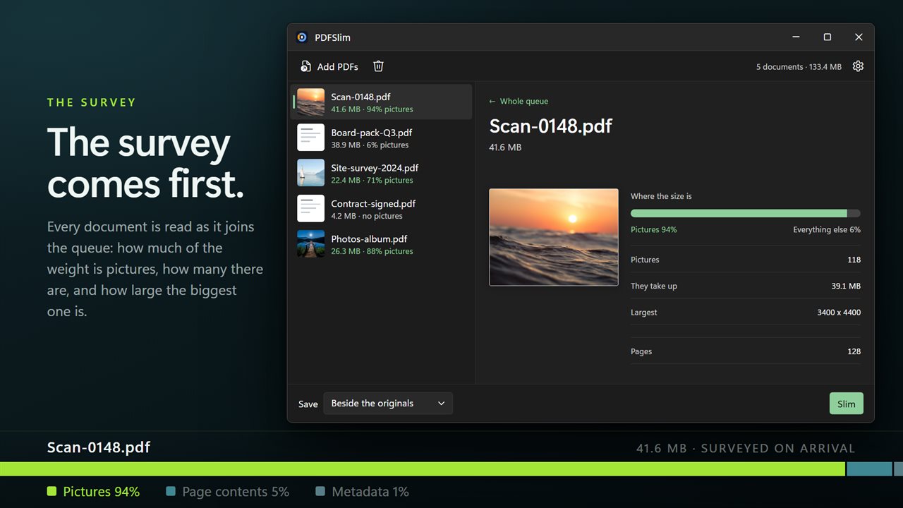 The survey: how much of the file is pictures, how much is contents, how much is metadata.