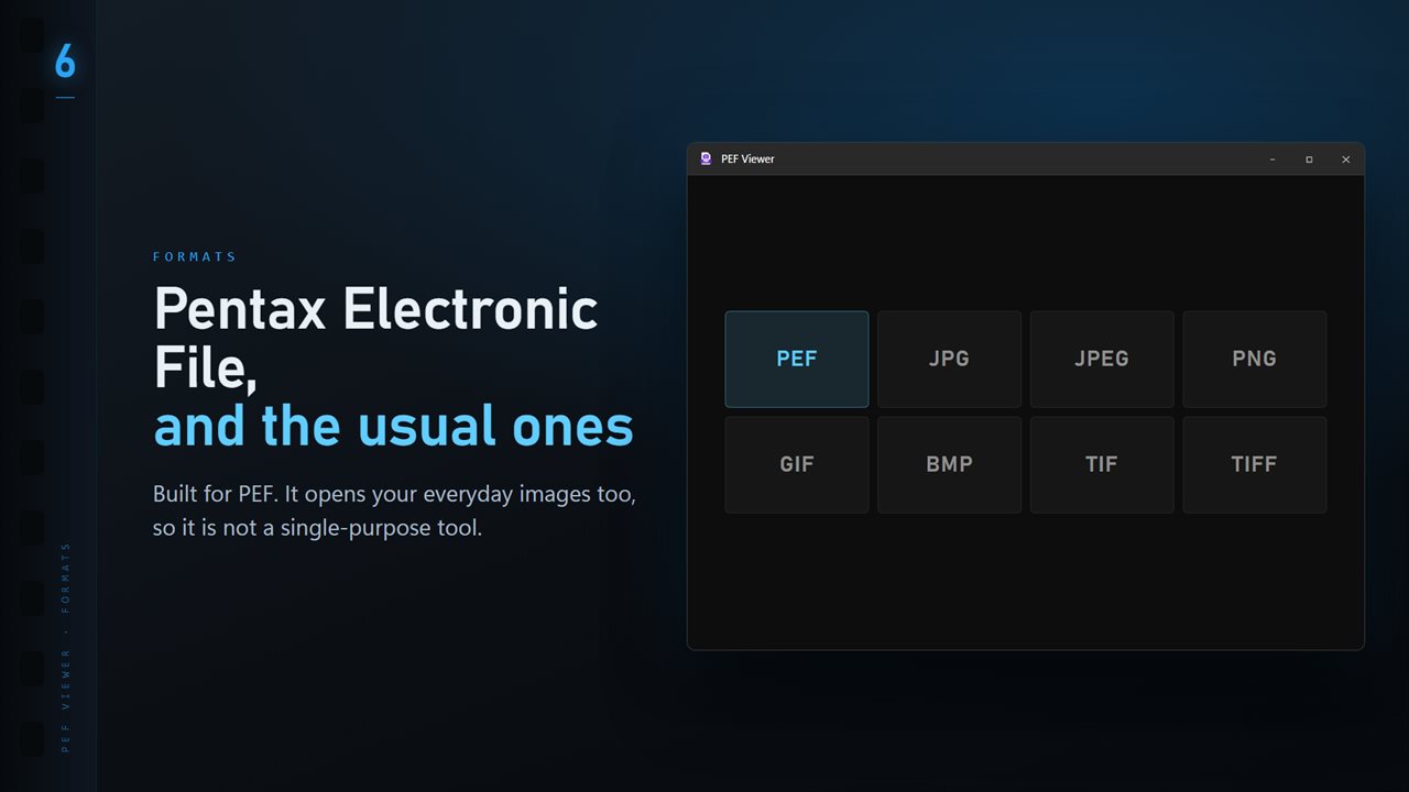 PEF plus the everyday formats: JPG, PNG, GIF, BMP and TIFF.
