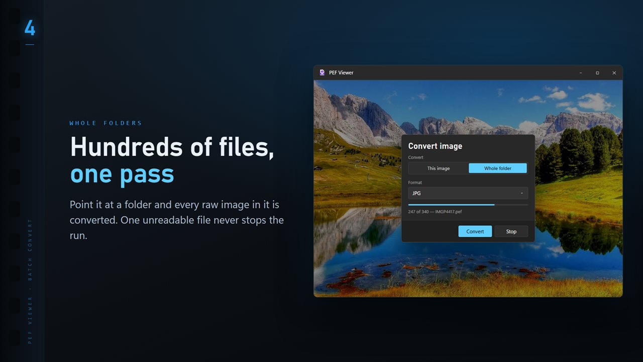 Convert a whole folder in one pass. One unreadable file never stops the run.