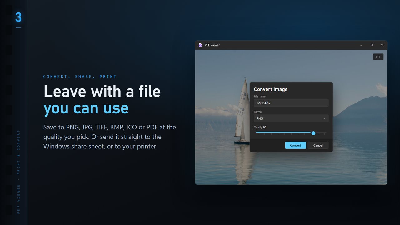 Save to PNG, JPG, TIFF, BMP, ICO or PDF at the quality you pick.