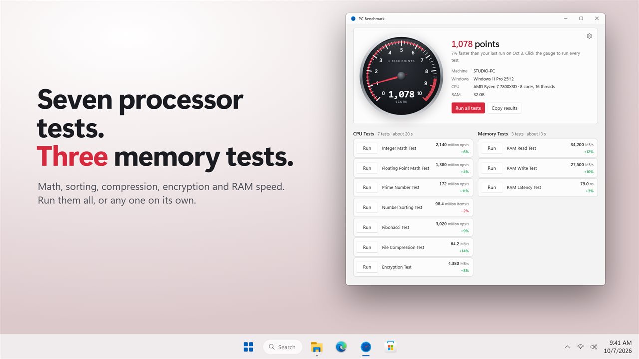 Seven processor tests and three memory tests.