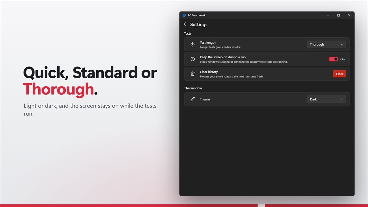 Light or dark, with Quick, Standard and Thorough test lengths.