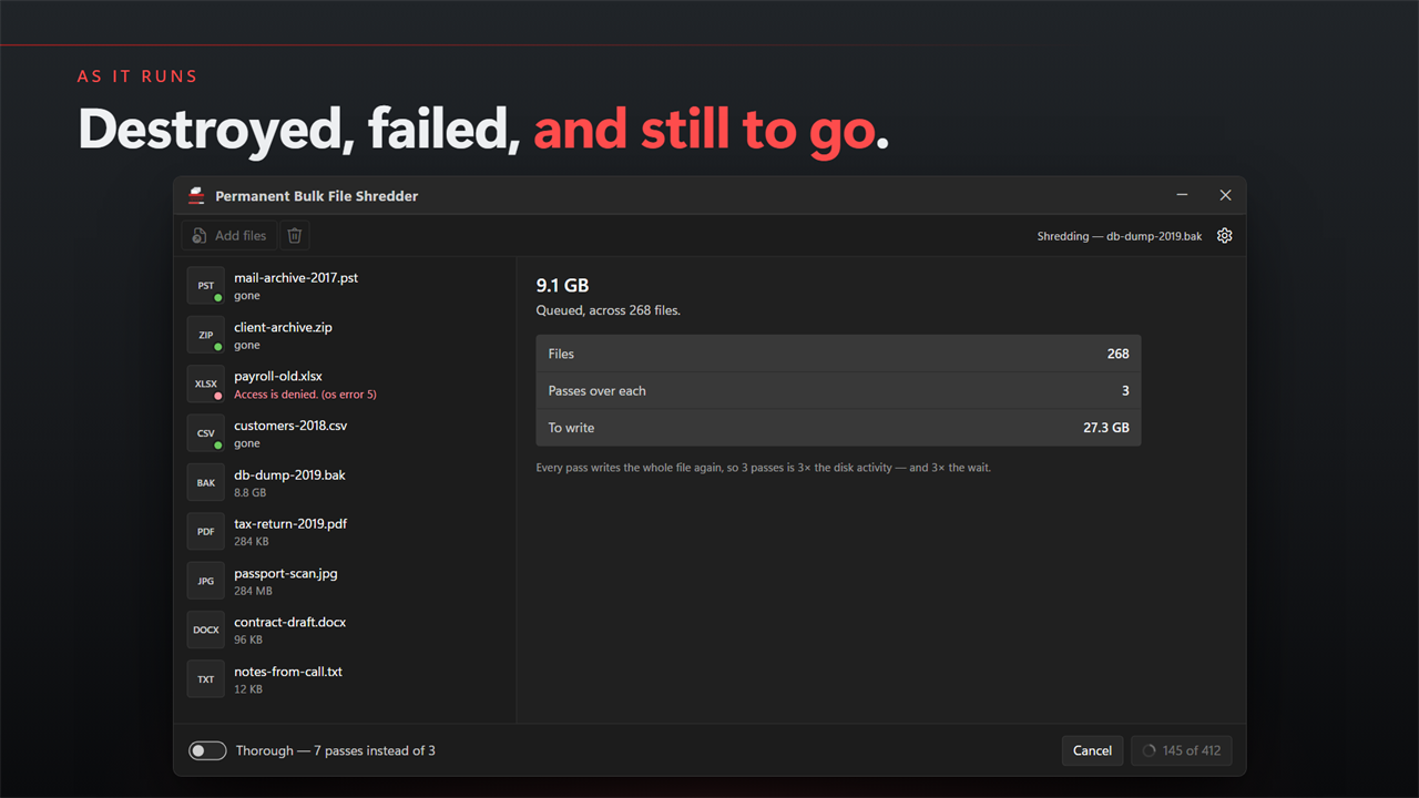 A tally of destroyed, failed and remaining, as it runs.