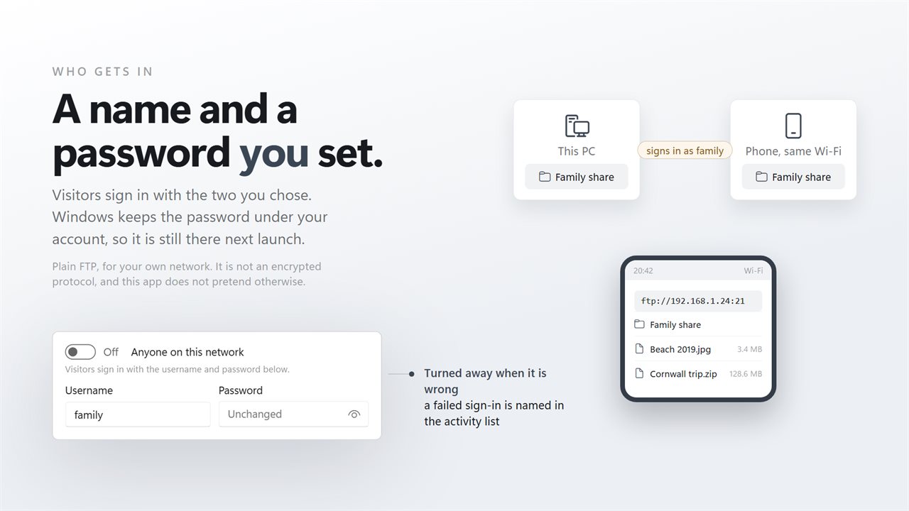 A username and password you set, kept encrypted by Windows between launches.
