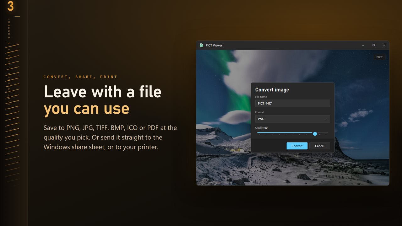 Save to PNG, JPG, TIFF, BMP, ICO or PDF at the quality you pick.