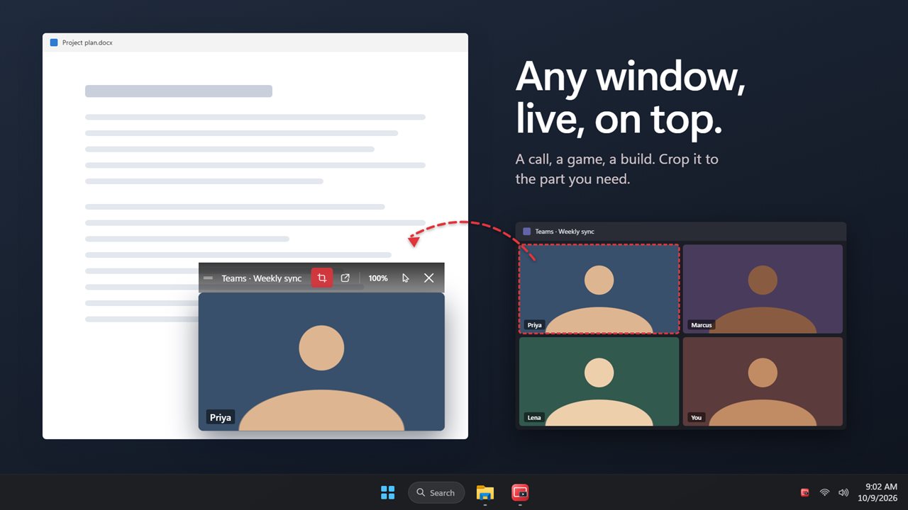 Float any app's window, live, cropped to the part you need.