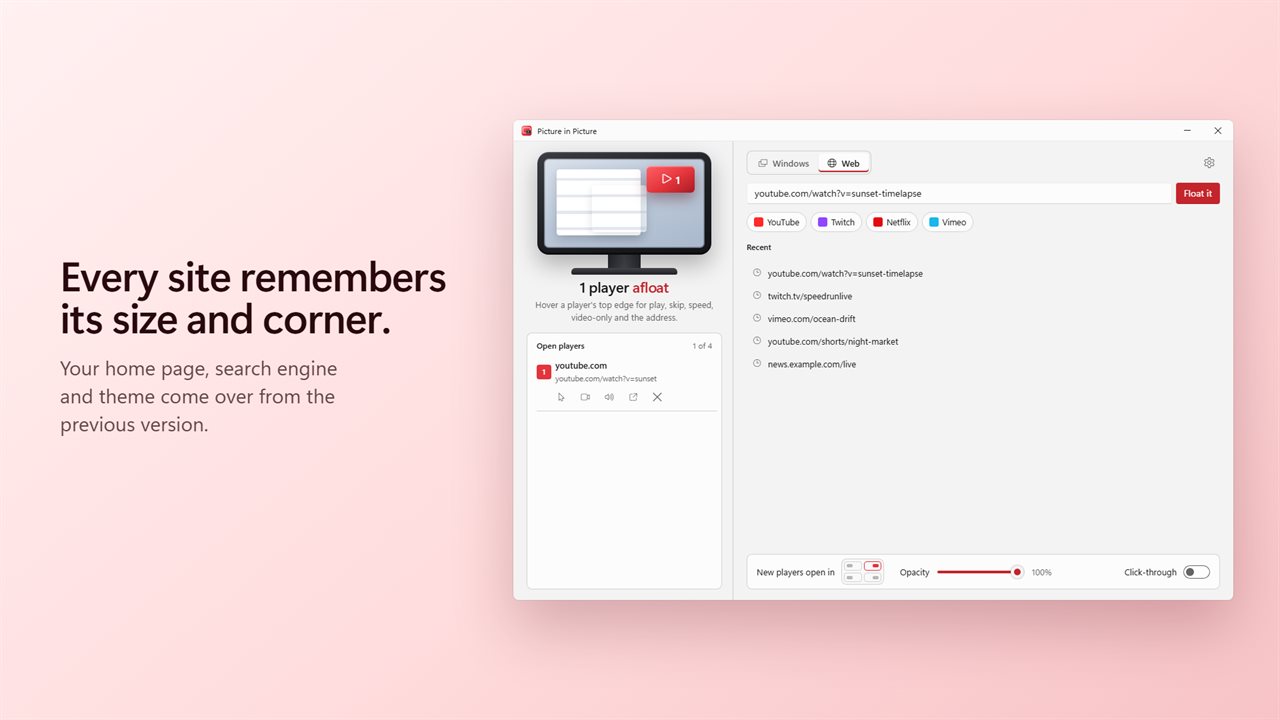 Each site remembers its size and corner.