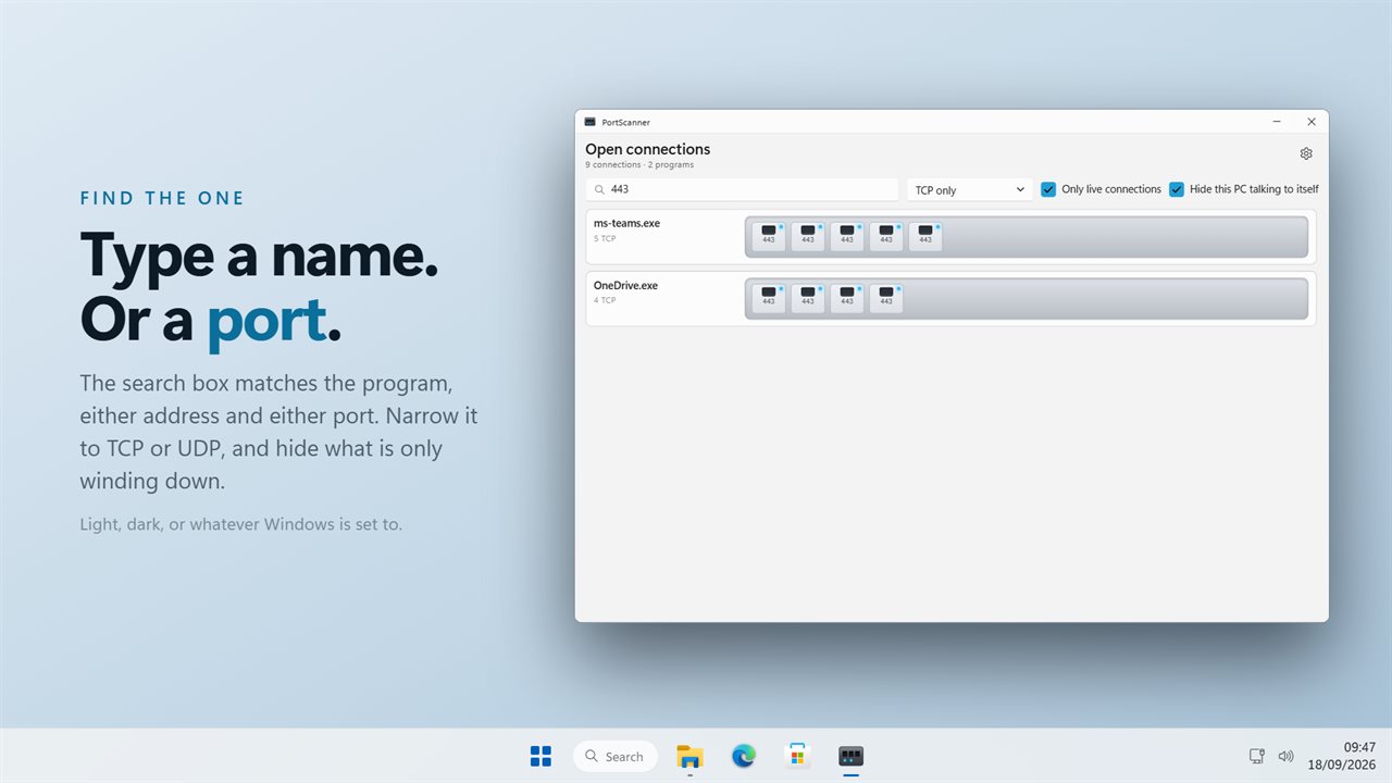 Search by program, port or address. Light or dark.