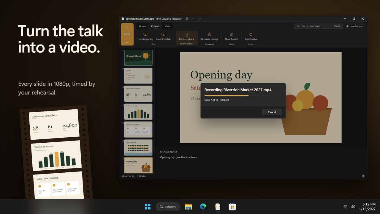 Turn the talk into a 1080p video.