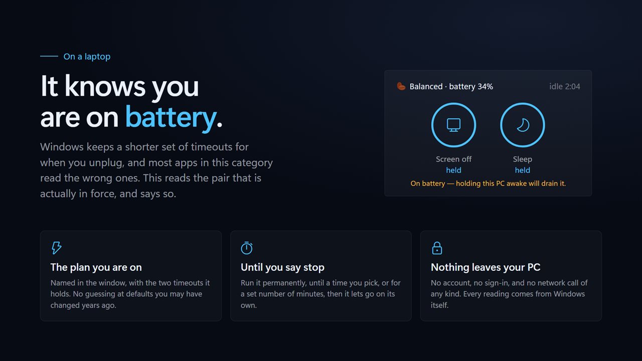 On battery it reads the shorter timeouts that are in force, and says so.