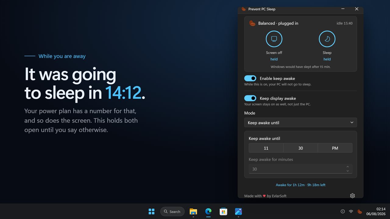 The two timeouts your power plan actually holds, counting down on the real idle clock.