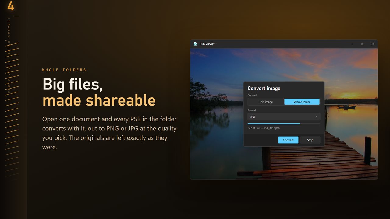 Convert a whole folder in one pass. One unreadable file never stops the run.