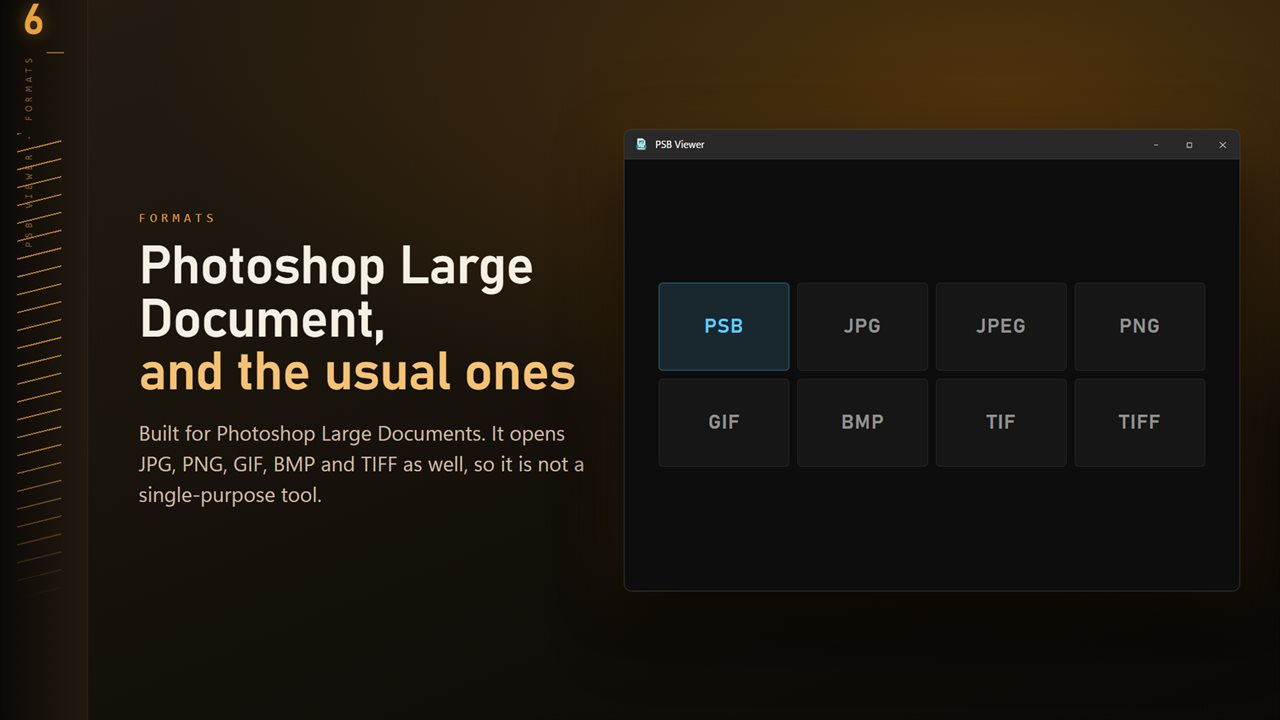 PSB plus the everyday formats: JPG, PNG, GIF, BMP and TIFF.