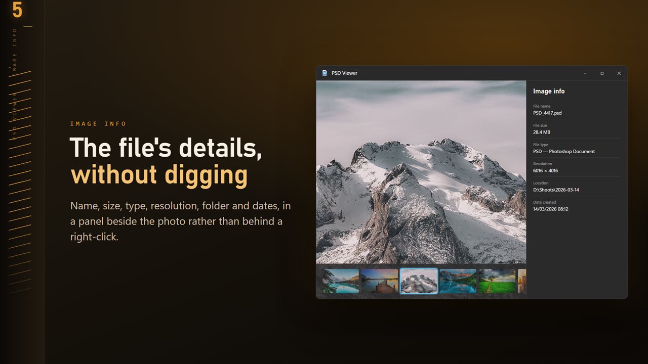 Name, size, type, resolution and dates, in a panel beside the image.