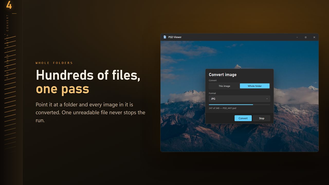 Convert a whole folder in one pass. One unreadable file never stops the run.