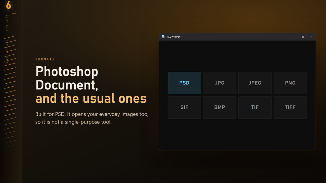 PSD plus the everyday formats: JPG, PNG, GIF, BMP and TIFF.