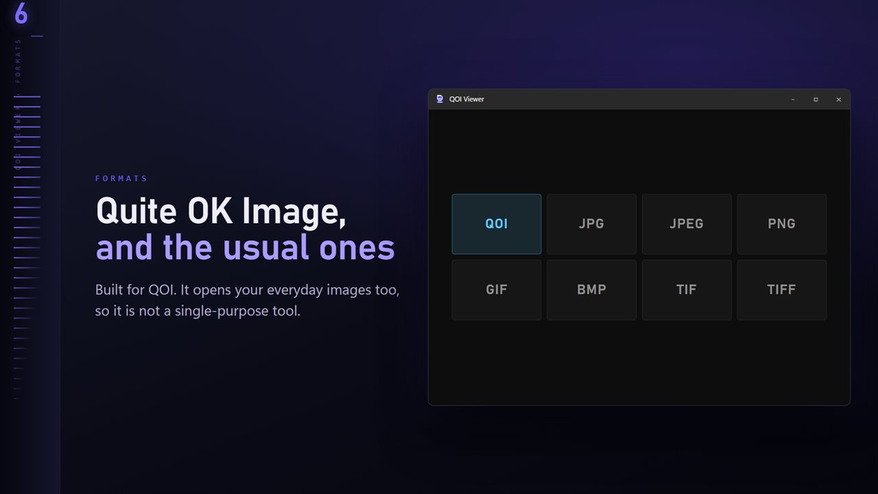 QOI plus the everyday formats: JPG, PNG, GIF, BMP and TIFF.