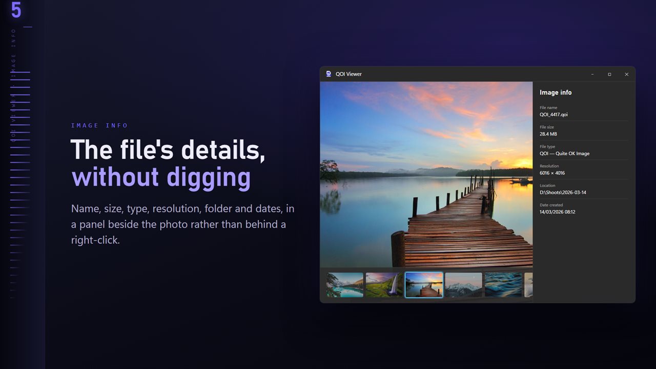 Name, size, type, resolution and dates, in a panel beside the image.