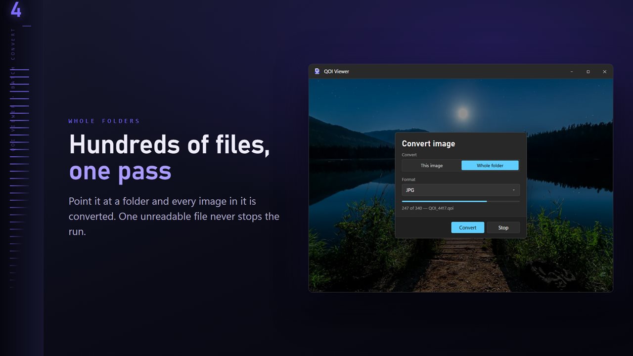 Convert a whole folder in one pass. One unreadable file never stops the run.