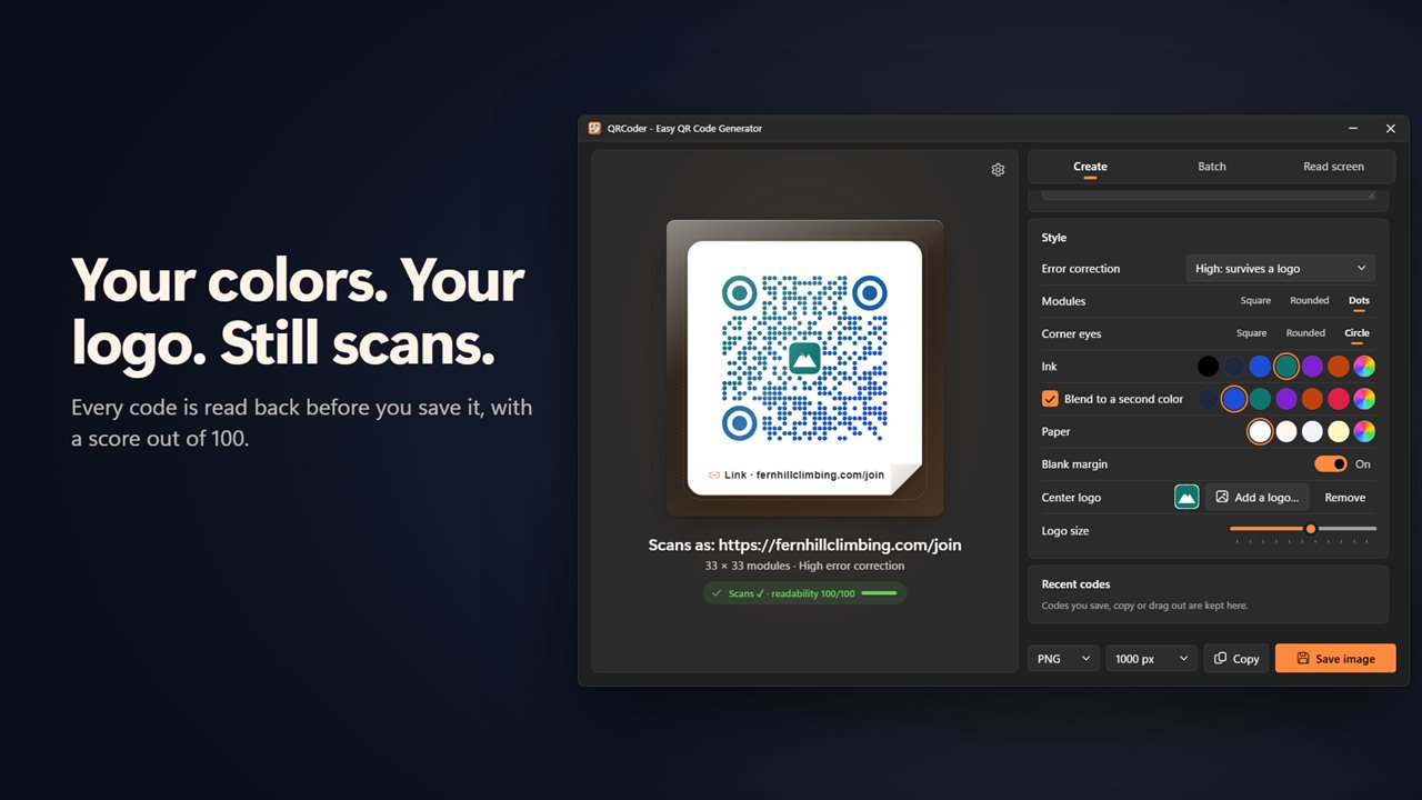 Your colors, your shapes, your logo. Still checked to scan.