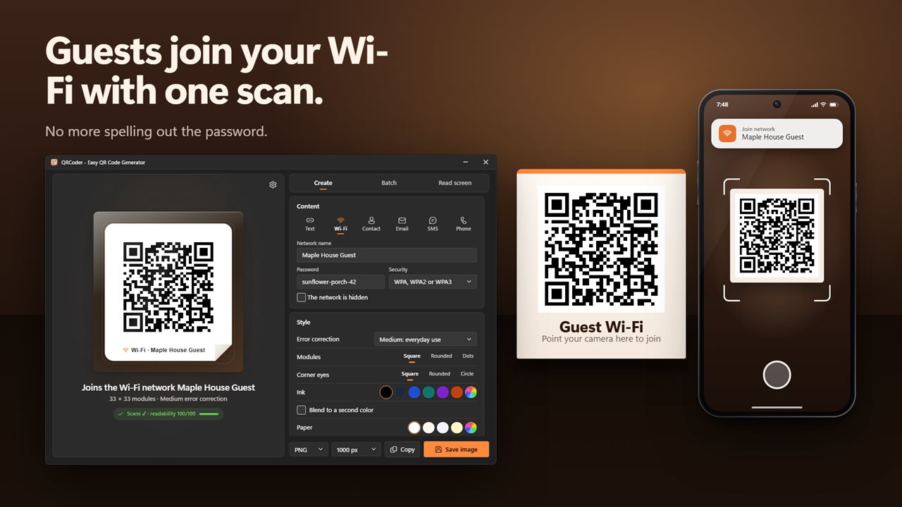 Guests join your Wi-Fi with one scan.