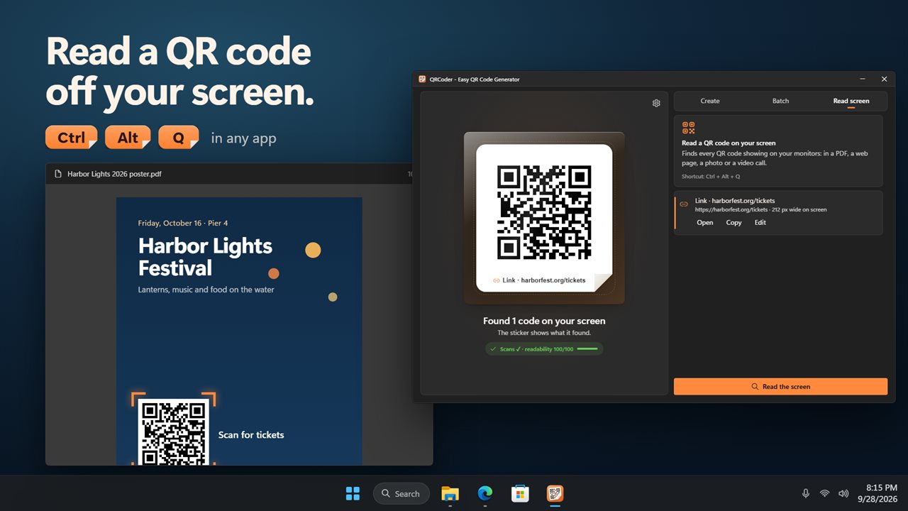 Read a QR code off your screen, from any app.