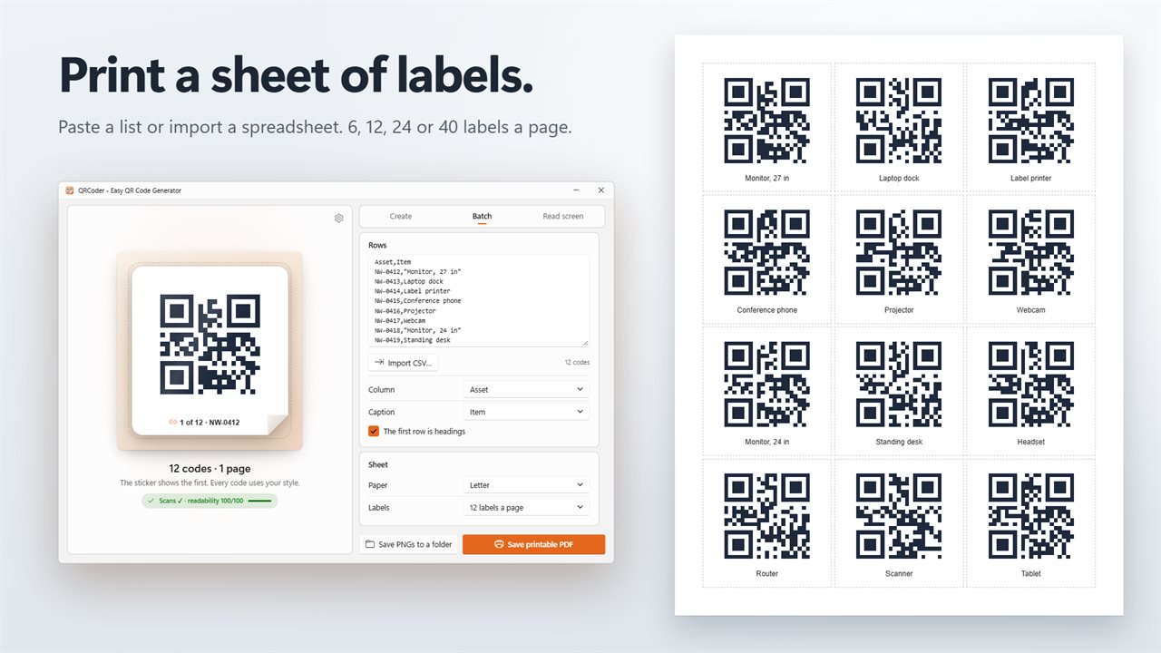 Print a sheet of labels from a list or a spreadsheet.