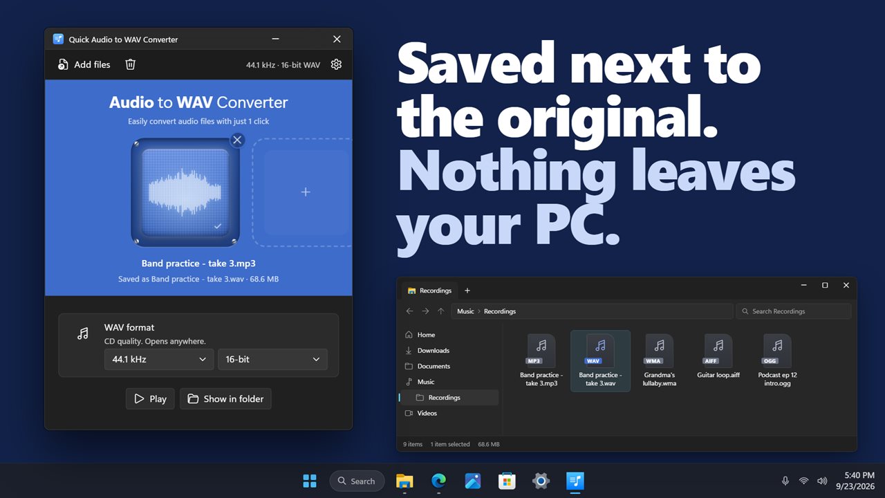 Saved next to the original. Nothing leaves your PC unless you choose to send feedback.