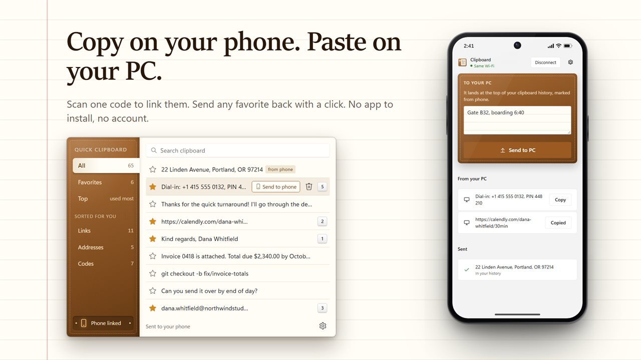 Copy on your phone and it lands on your PC.