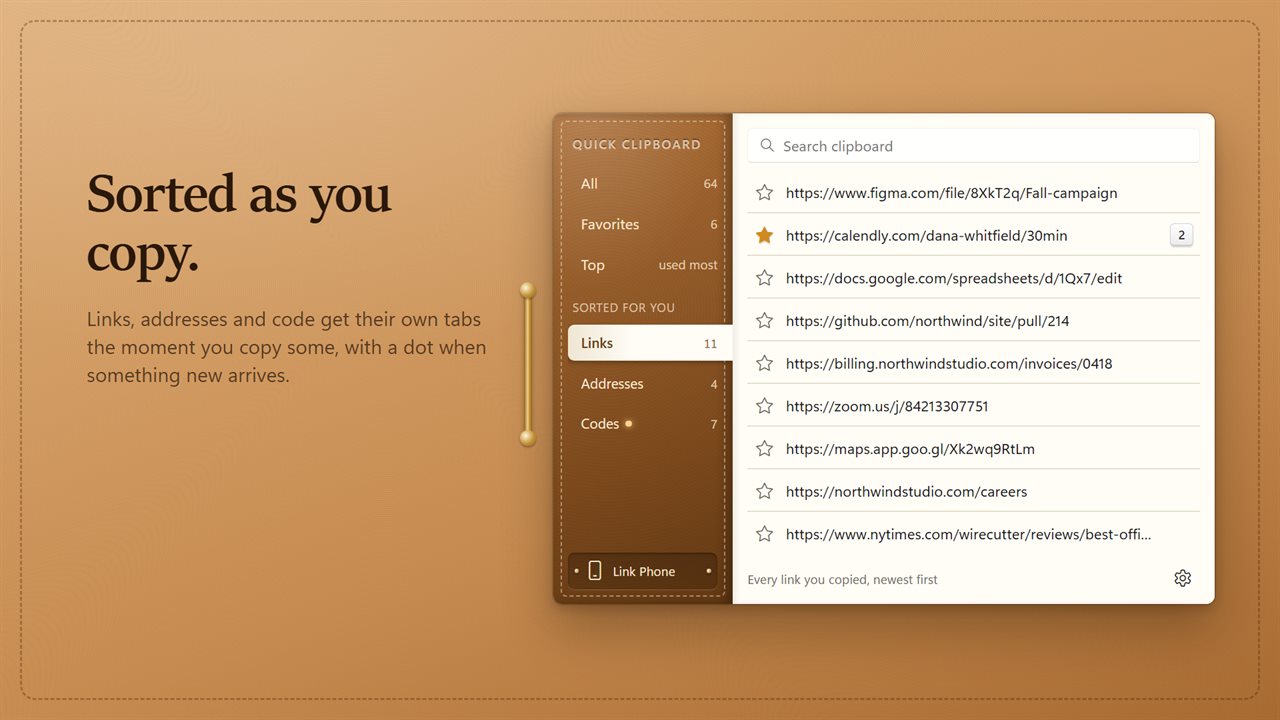 Links, addresses and code, sorted into their own tabs.
