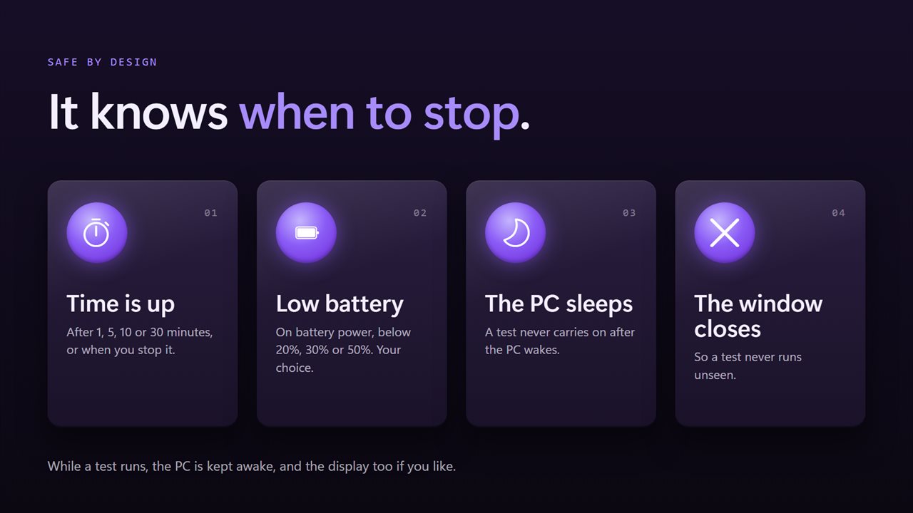 Stops when time is up, on low battery, sleep or close.