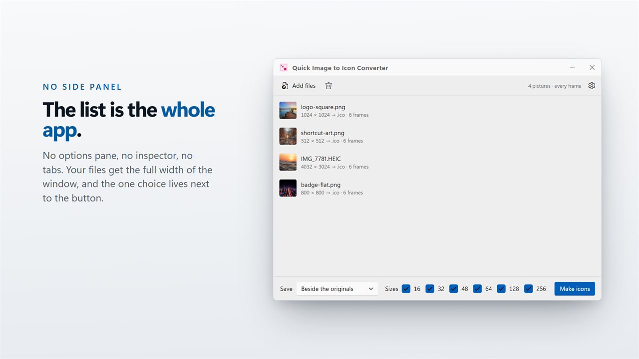 No side panel: the list is the whole app.