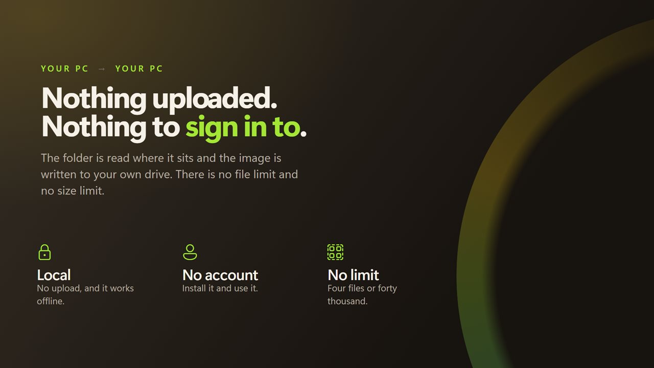 Nothing uploaded, nothing to sign in to, and no file limit.