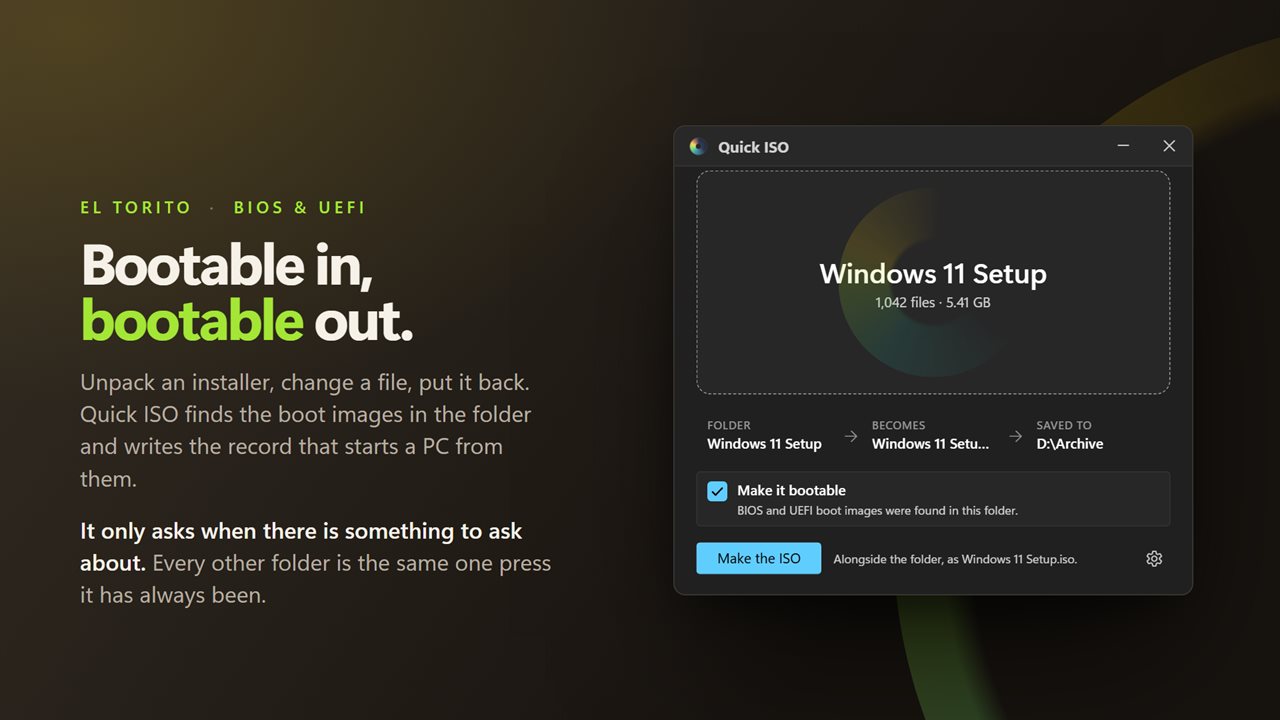 A folder with boot images in it becomes a disc that starts a PC.