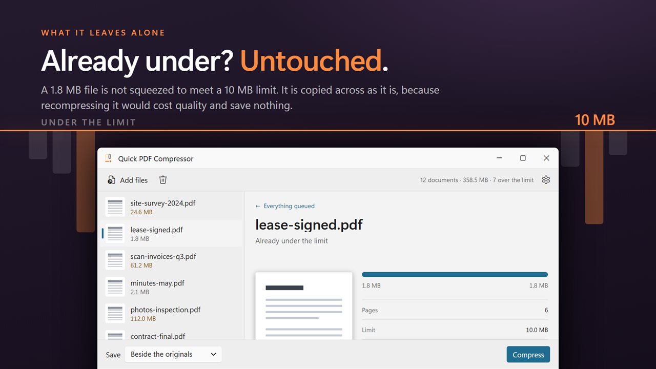 Documents already under the limit are marked and left alone.