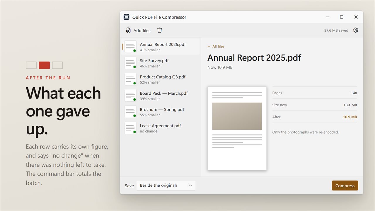 Before and after, per document and across the batch.