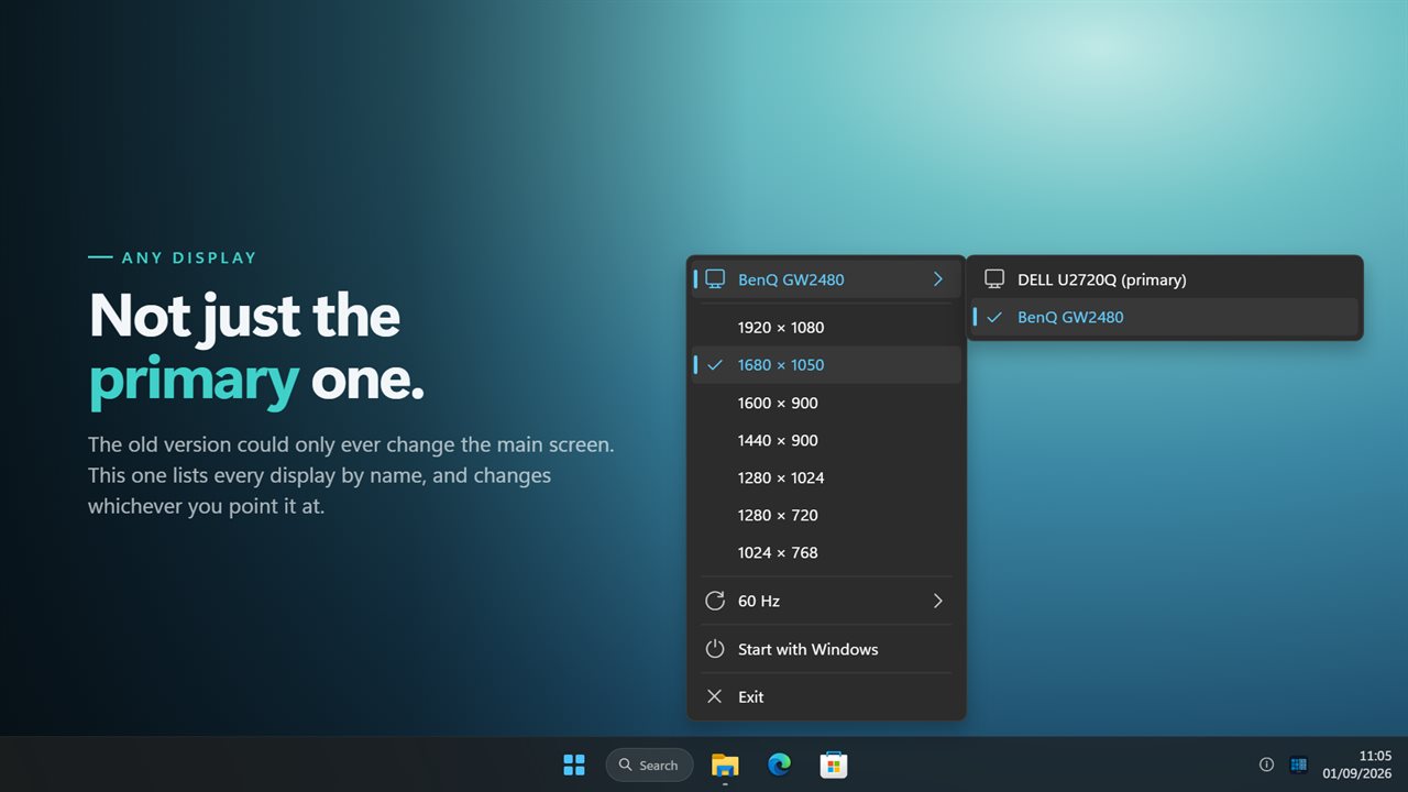 Any display, by the name Windows knows it by — not just the primary.