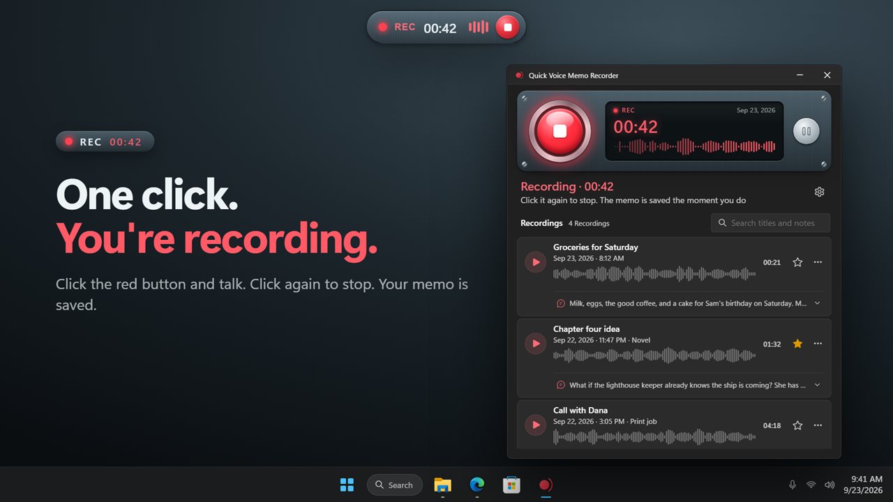 One click, or one shortcut, and you're recording.