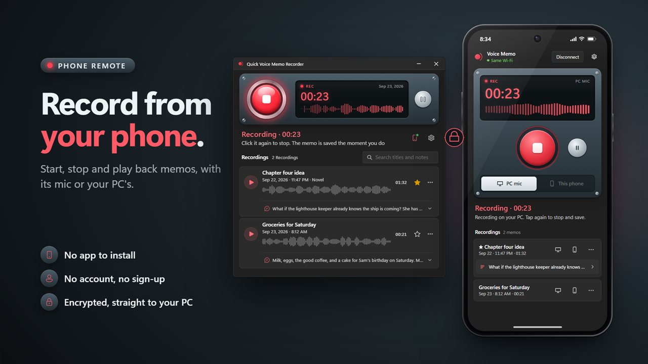 Use your phone as a remote and a second mic. No app to install, no account, and an encrypted link straight to your PC.