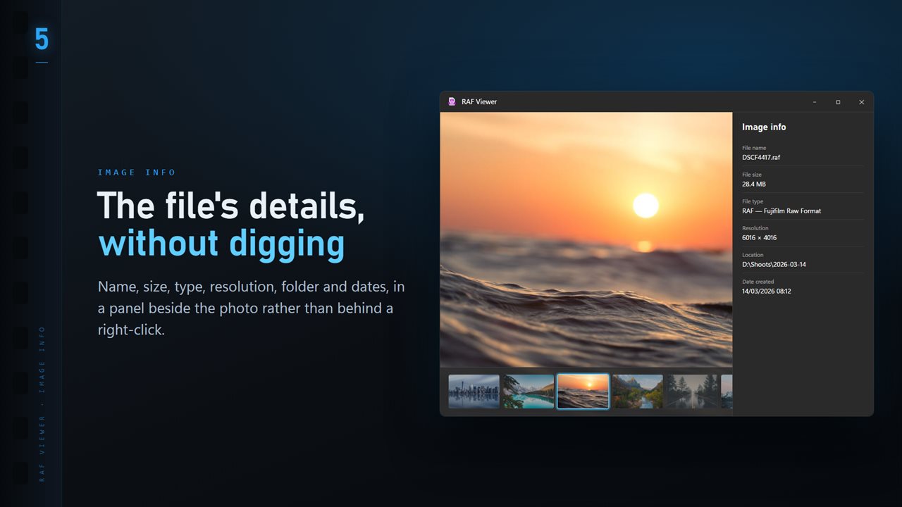 Name, size, type, resolution and dates, in a panel beside the image.