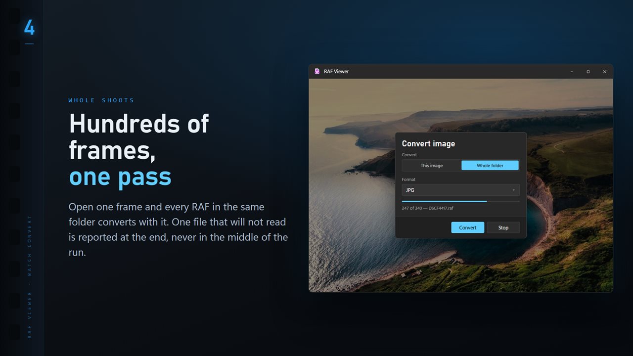 Convert a whole folder in one pass. One unreadable file never stops the run.