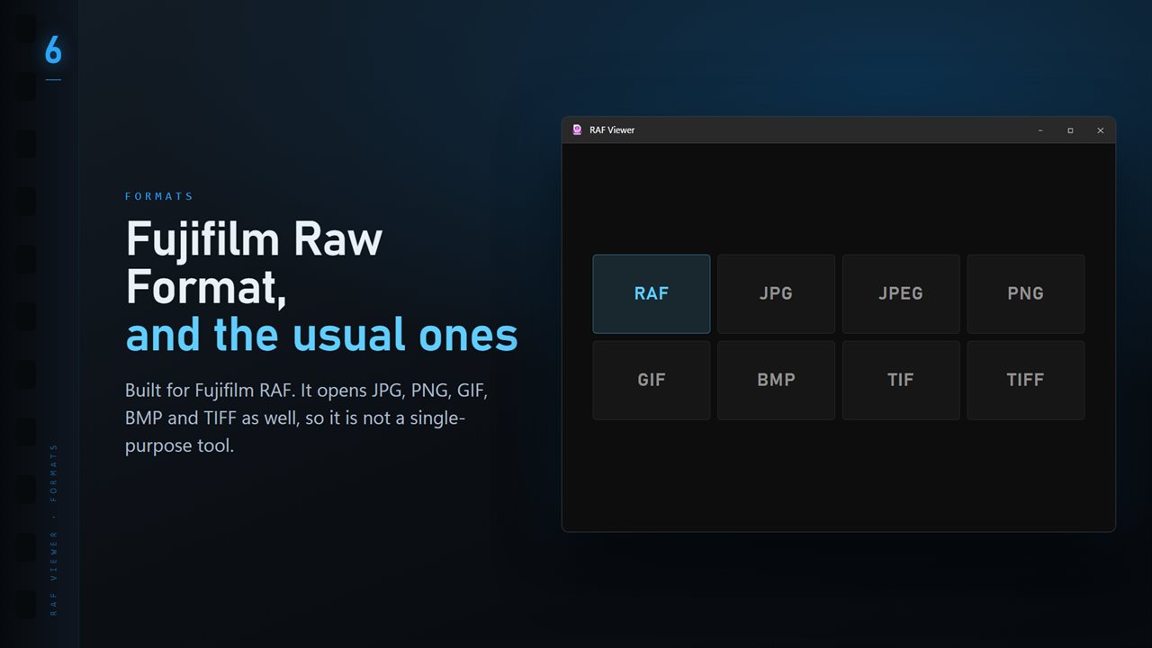 RAF plus the everyday formats: JPG, PNG, GIF, BMP and TIFF.