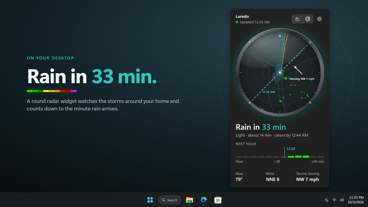 A desktop widget that counts down to the minute rain arrives.
