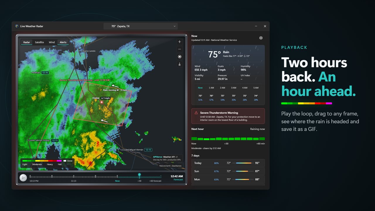Play back the last 2 hours of radar and the hour ahead.