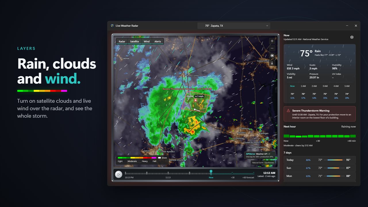 Radar, satellite clouds and live wind on one map.