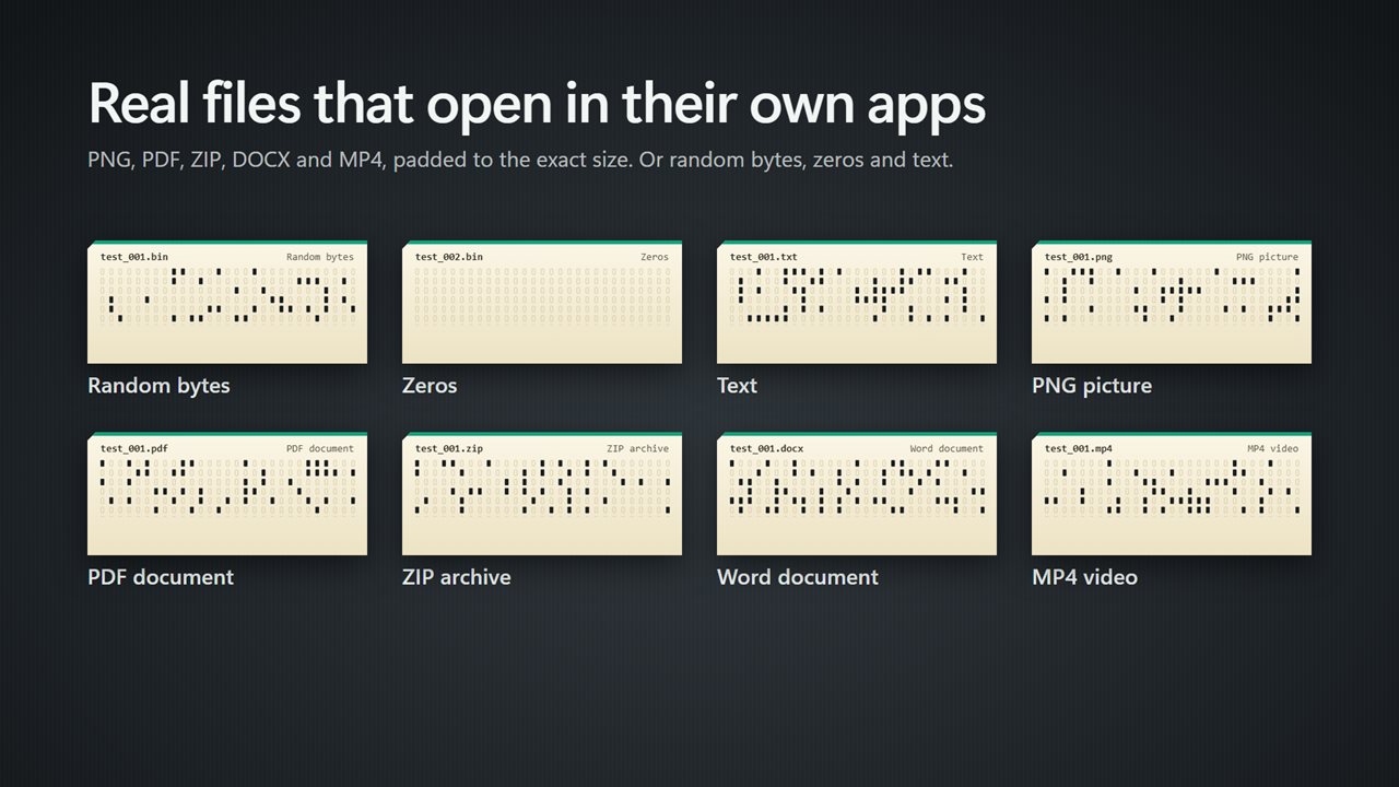 Real PNG, PDF, ZIP, DOCX and MP4 files that open in their own apps.