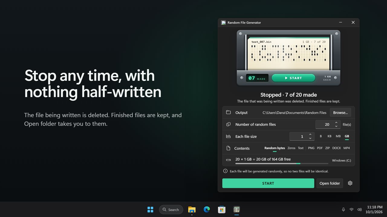 Stop at any time. Finished files are kept, half-written ones are not.