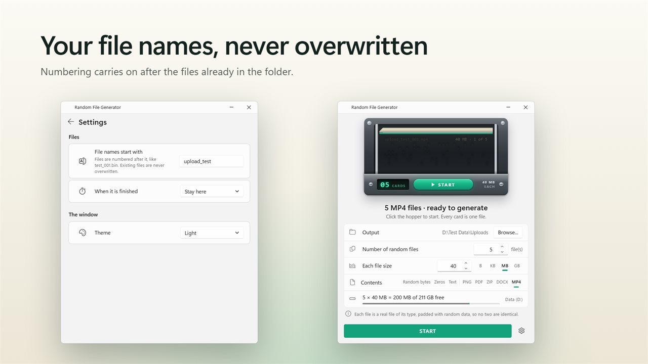 Name the files your way. Existing files are never overwritten.