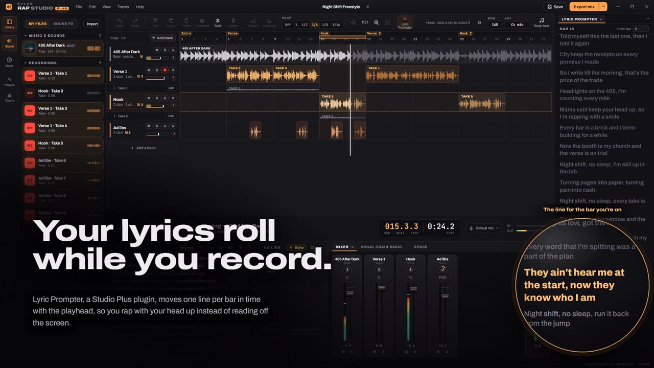 With Studio Plus, your lyrics roll one line per bar, so you record with your head up.