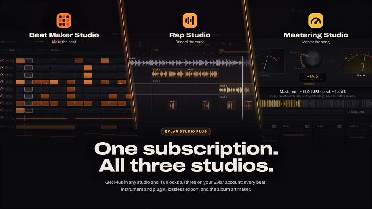 One Evlar Studio Plus plan unlocks Rap Studio, Beat Maker and Mastering.